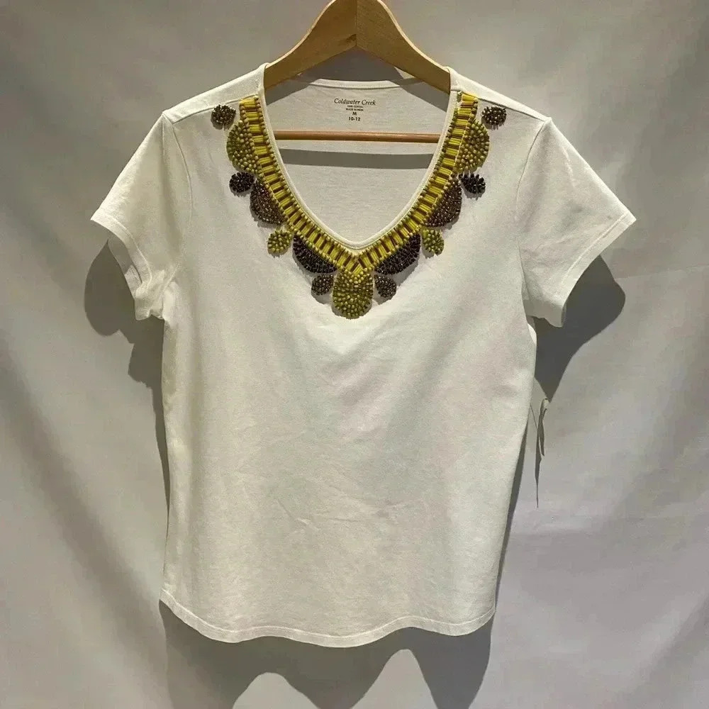 Coldwater Creek White Beaded Tee, size M